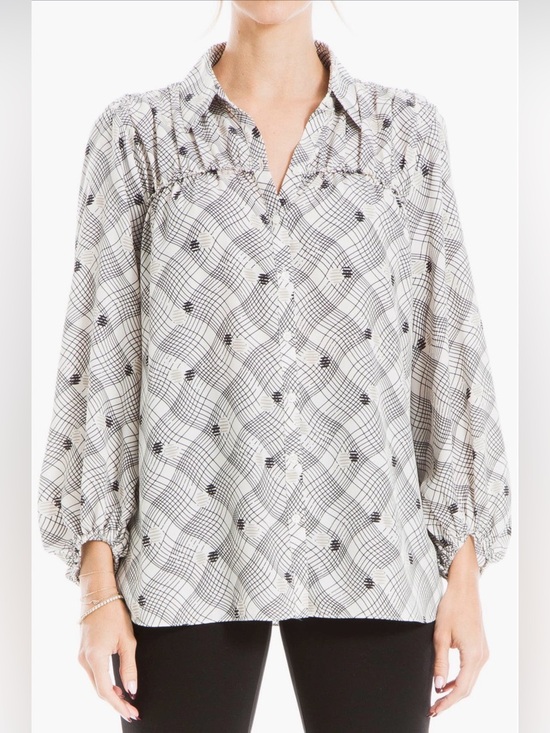 Max Studio Tops - Max Studio London Wavy Check Ruffle Blouse Oversized Button Top EUC Large